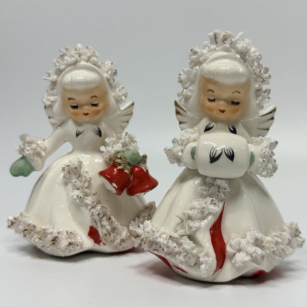 Vtg Christmas Holt Howard Angel Candle Holders 1960 Porcelain Japan Spaghetti